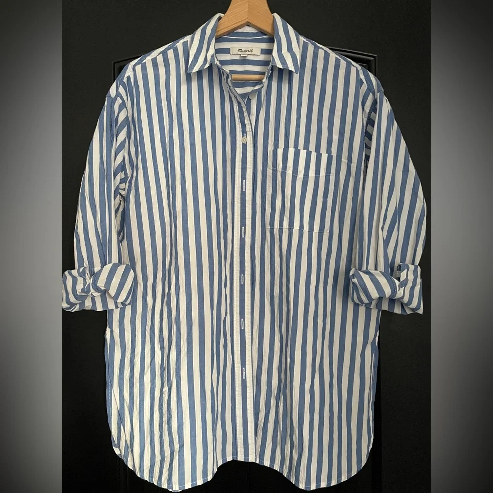 Madewell Signature Poplin Oversized Shirt - Blue and White Striped - Picture 1 of 7